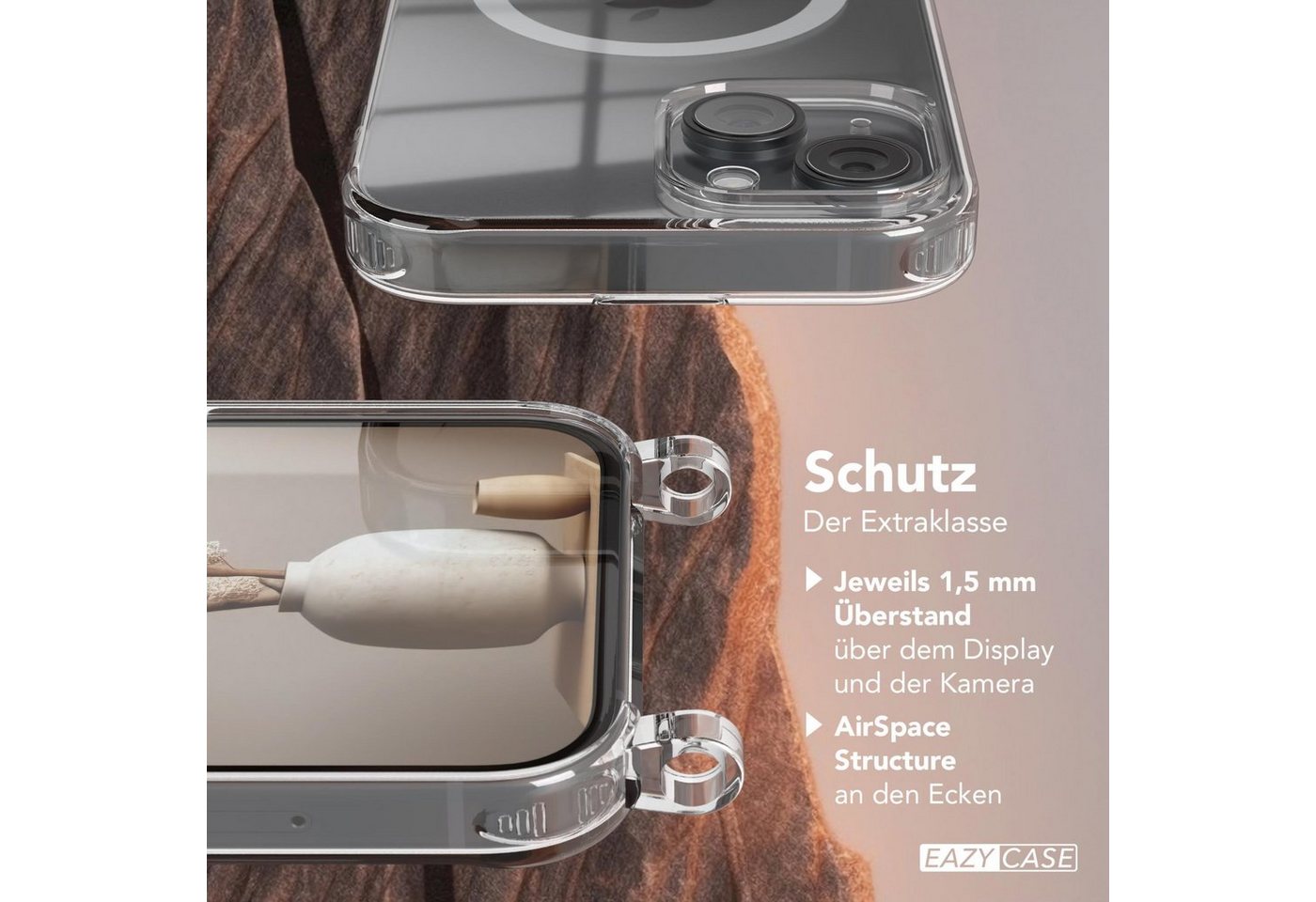 EAZY CASE Handykette mit-/ ohne Magsafe Hülle für iPhone 15 6,1 Zoll, Kettenhülle zum Umhängen Tasche Cross Bag Cover Handykordel Rosegold Bild 2