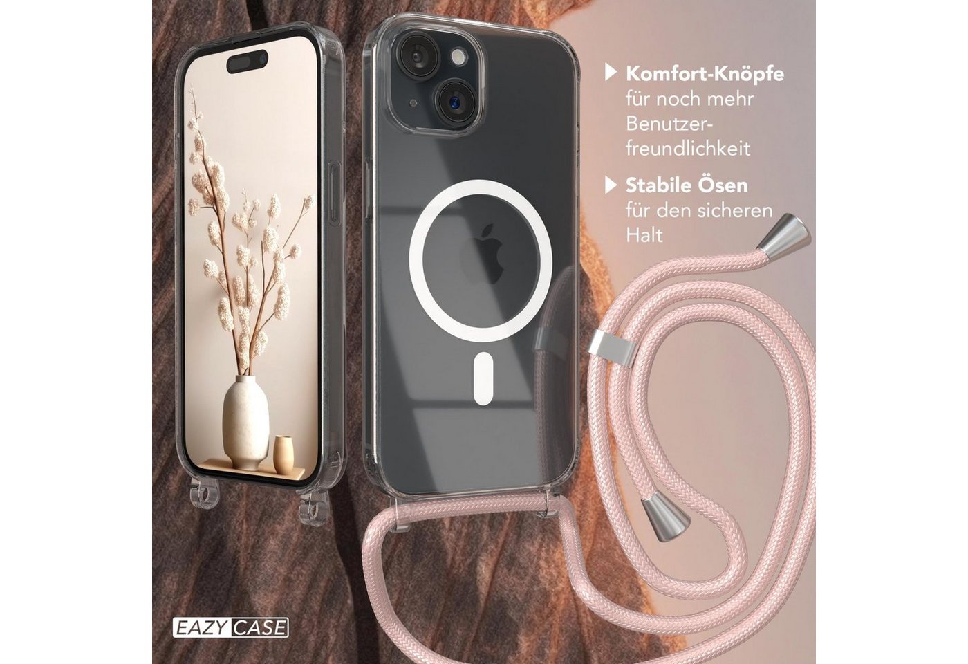 EAZY CASE Handykette mit-/ ohne Magsafe Hülle für iPhone 15 6,1 Zoll, Kettenhülle zum Umhängen Tasche Cross Bag Cover Handykordel Rosegold Bild 4
