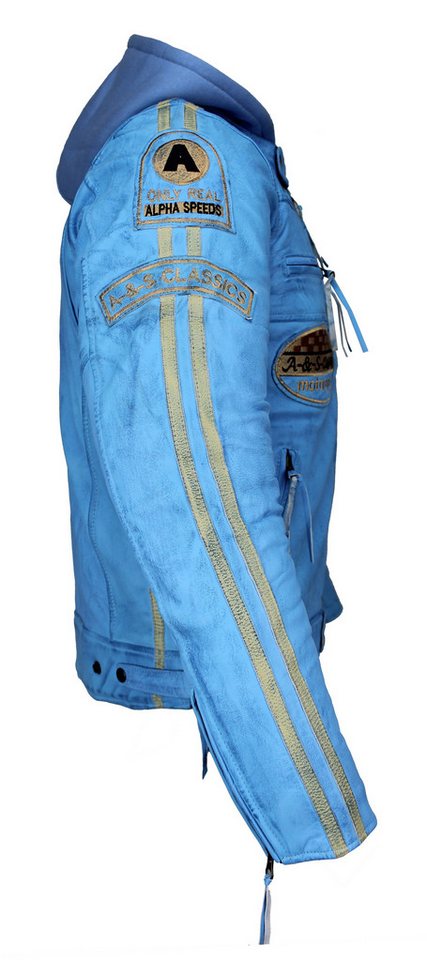 Alpha Speeds Motorradjacke Herren Leder Jacke Biker Freizeit Highway Jacke Blau (Trennbare Innenjacke + Kapuze) aus weichem Lammleder, mit herausnehmbare Protektoren