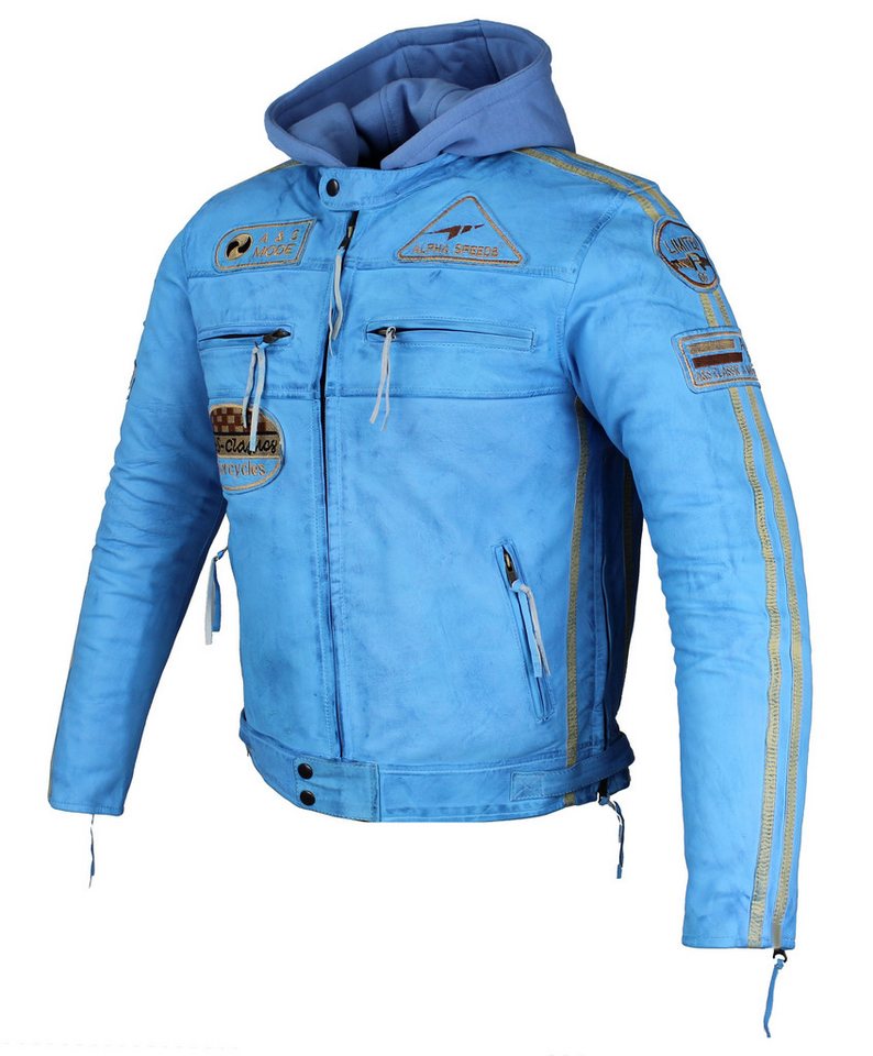 Alpha Speeds Motorradjacke Herren Leder Jacke Biker Freizeit Highway Jacke Blau (Trennbare Innenjacke + Kapuze) aus weichem Lammleder, mit herausnehmbare Protektoren Bild 4