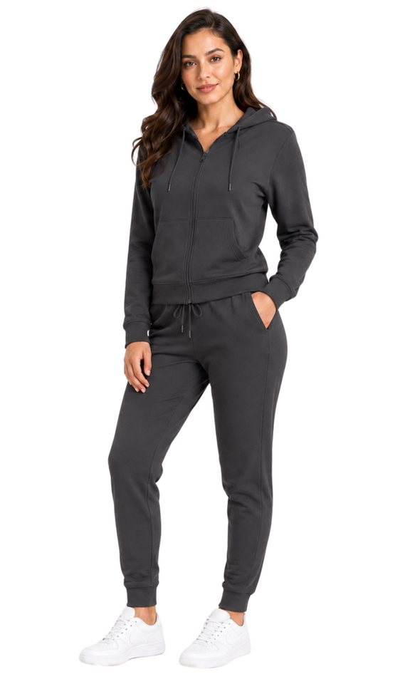 L.gonline Freizeitanzug Damen Jogging-ANZUG X240, Prime, Anthrazit, XXL (Kapuzenjacke mit Reißverschluss, Hose, 2-tlg), Fitness Freizeit Casual Bild 3