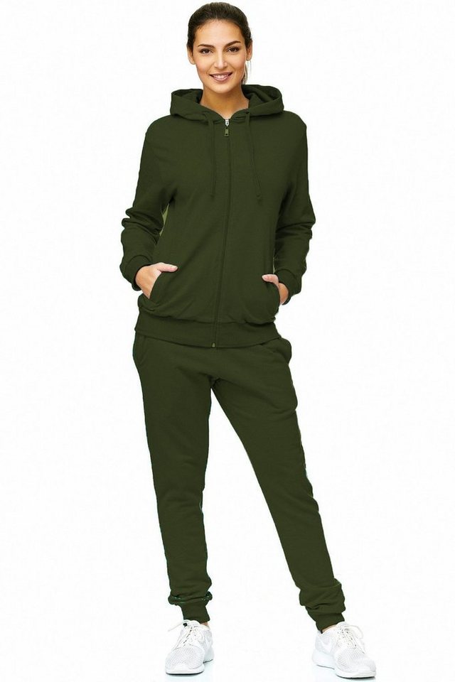 L.gonline Freizeitanzug Damen Jogginganzug einfarbig 100% Baumwolle 586 Oliv XXL (Kapuzenjacke mit Reißverschluss, Hose, 2-tlg), Fitness Freizeit Casual Bild 2