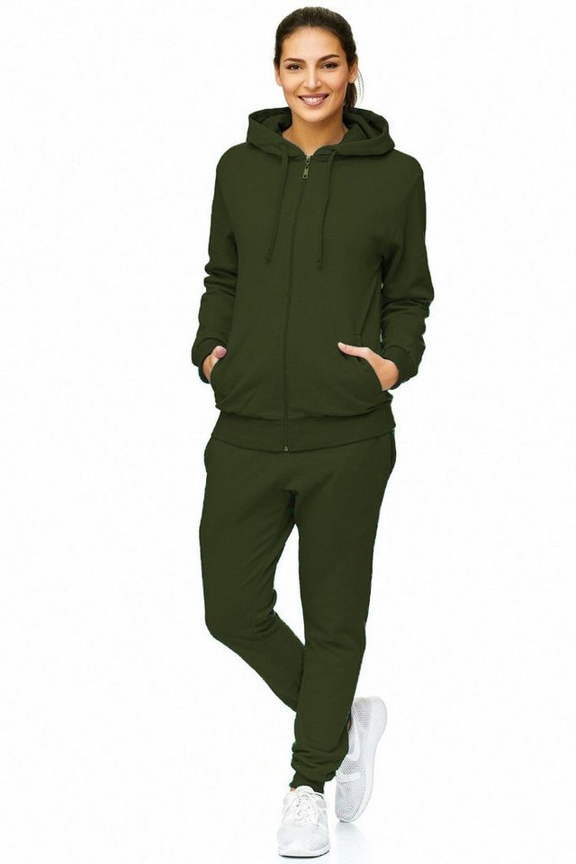L.gonline Freizeitanzug Damen Jogginganzug einfarbig 100% Baumwolle 586 Oliv XXL (Kapuzenjacke mit Reißverschluss, Hose, 2-tlg), Fitness Freizeit Casual Bild 3