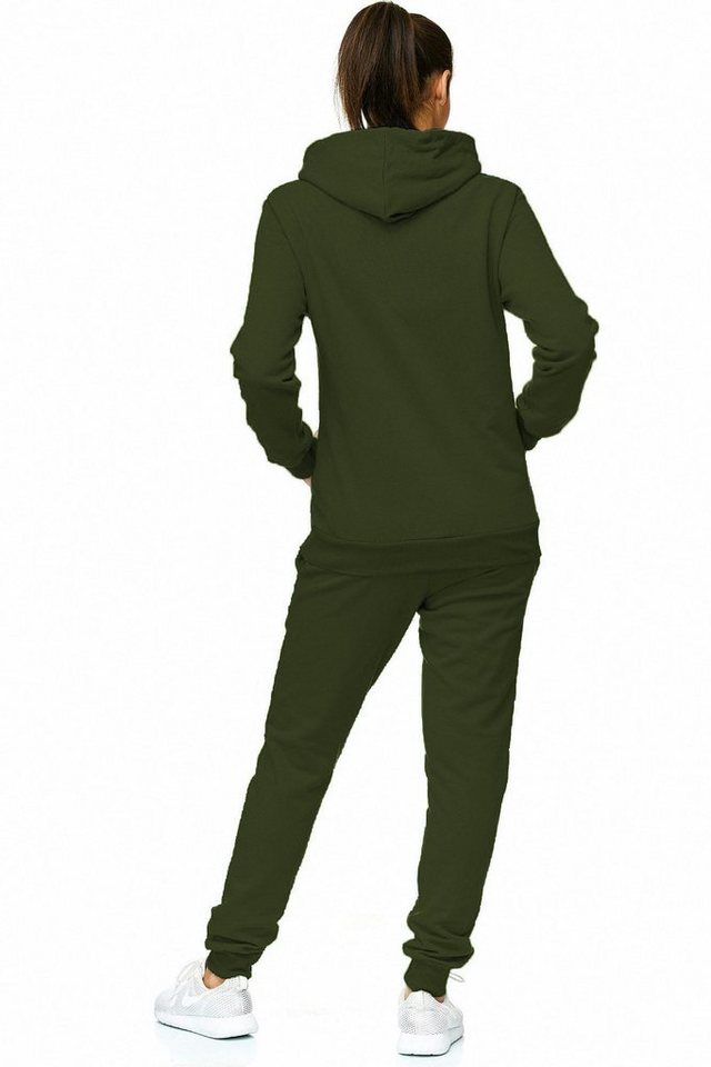 L.gonline Freizeitanzug Damen Jogginganzug einfarbig 100% Baumwolle 586 Oliv XXL (Kapuzenjacke mit Reißverschluss, Hose, 2-tlg), Fitness Freizeit Casual Bild 4