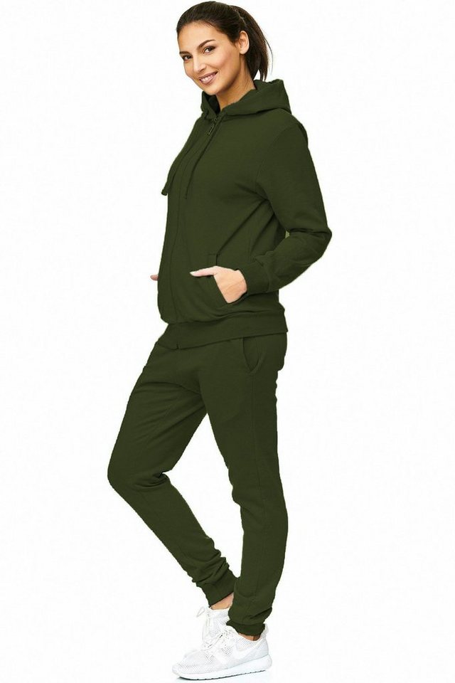 L.gonline Freizeitanzug Damen Jogginganzug einfarbig 100% Baumwolle 586 Oliv XXL (Kapuzenjacke mit Reißverschluss, Hose, 2-tlg), Fitness Freizeit Casual Bild 5