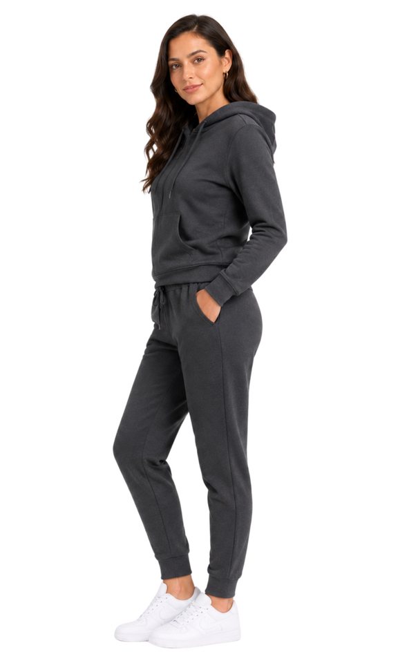 L.gonline Freizeitanzug Damen Jogginganzug einfarbig 100% Baumwolle 586 Anthrazit 3XL (Kapuzenjacke mit Reißverschluss, Hose, 2-tlg), Fitness Freizeit Casual