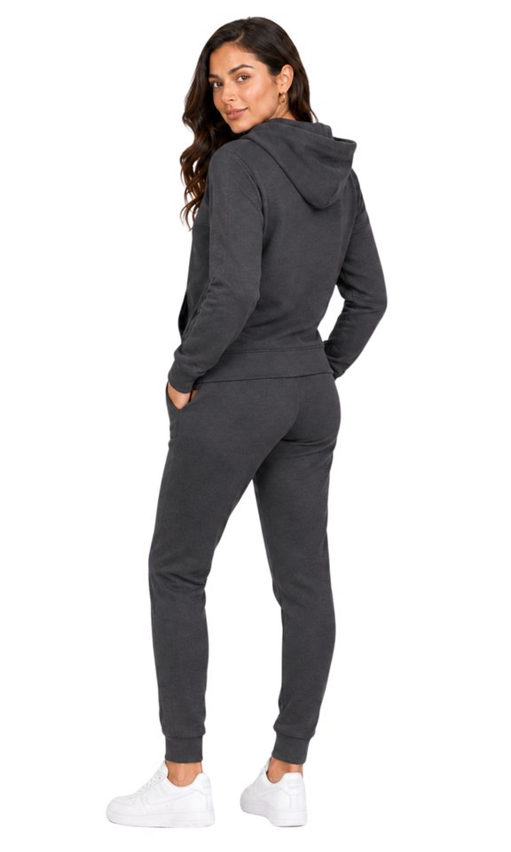 L.gonline Freizeitanzug Damen Jogginganzug einfarbig 100% Baumwolle 586 Anthrazit 3XL (Kapuzenjacke mit Reißverschluss, Hose, 2-tlg), Fitness Freizeit Casual Bild 4