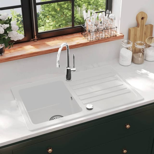vidaXL Granitspüle mit Abtropffläche Reversibel Weiß 141671