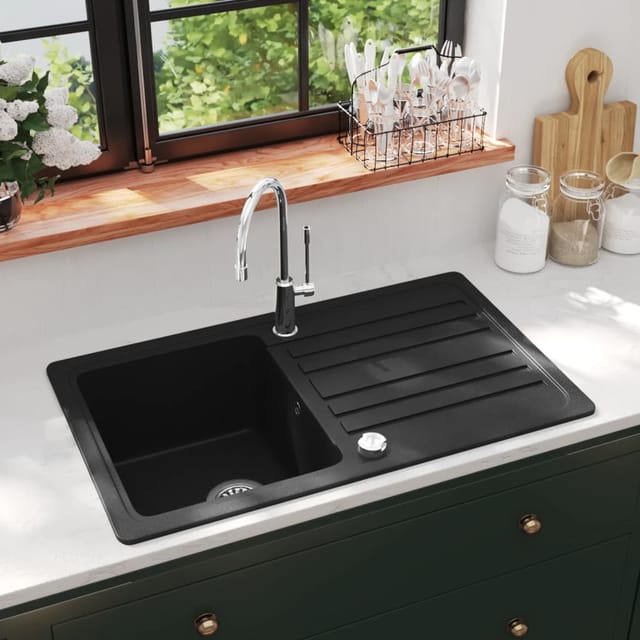 vidaXL Granitspüle mit Abtropffläche Reversibel Schwarz 141669