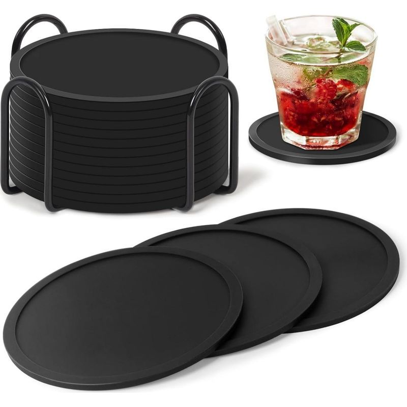Set Mit 12 Schwarzen Silikonuntersetzern, Rutschfest Und Wärmeisolierend. Geeignet Für Gläser, Teetassen, Kaffeetassen Und Becher.