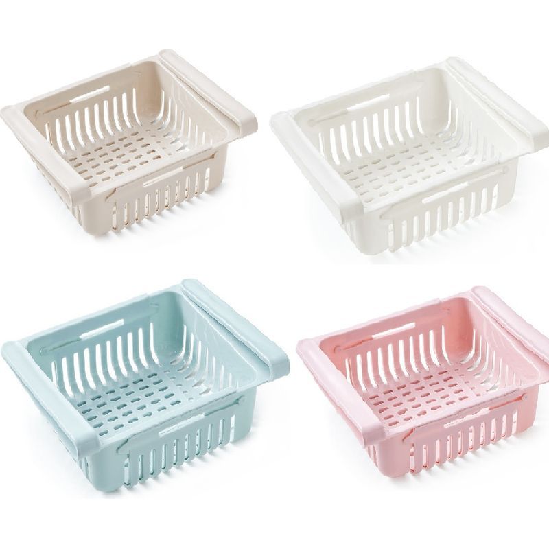 4-teiliges Aufbewahrungs- Und Organisationsset Für Den Kühlschrank, Ausziehbarer Schubladeneinsatz Für Den Kühlschrank, Blau, Weiß, Rosa Und Beige