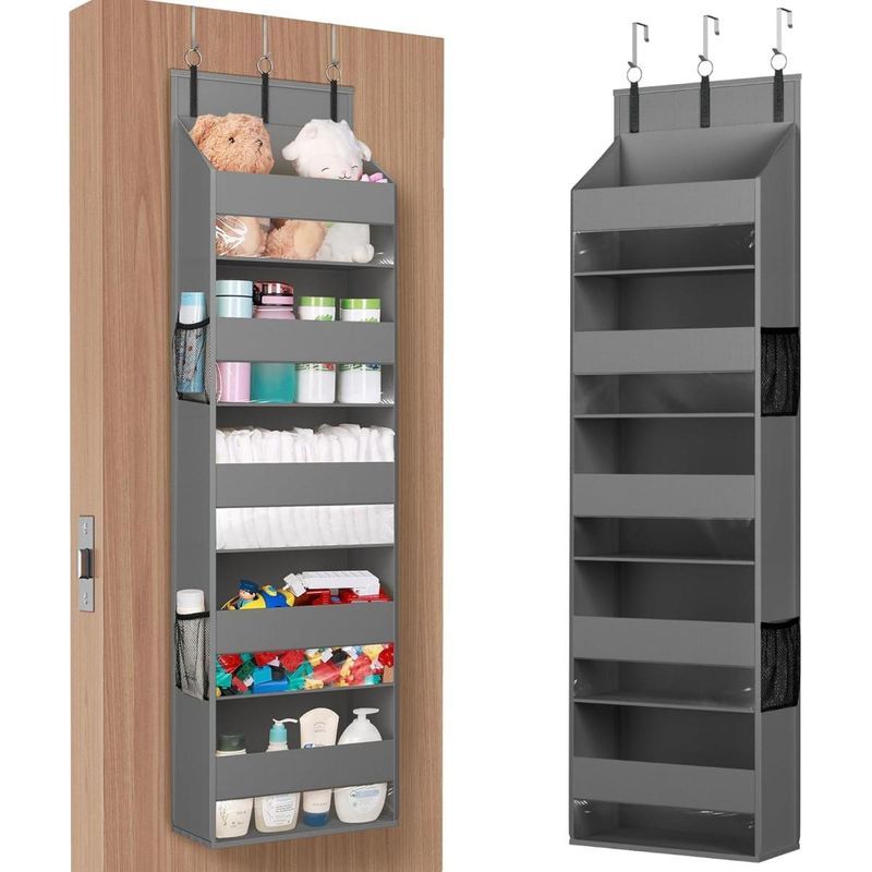 Eckregal Für Kleiderschrank – Zur Befestigung Hinter Der Tür – Hängeregal – Fünf Ebenen – Seitliche Netztaschen – Geeignet Für Bad Und Schlafzimmer – Grau – 140 Cm