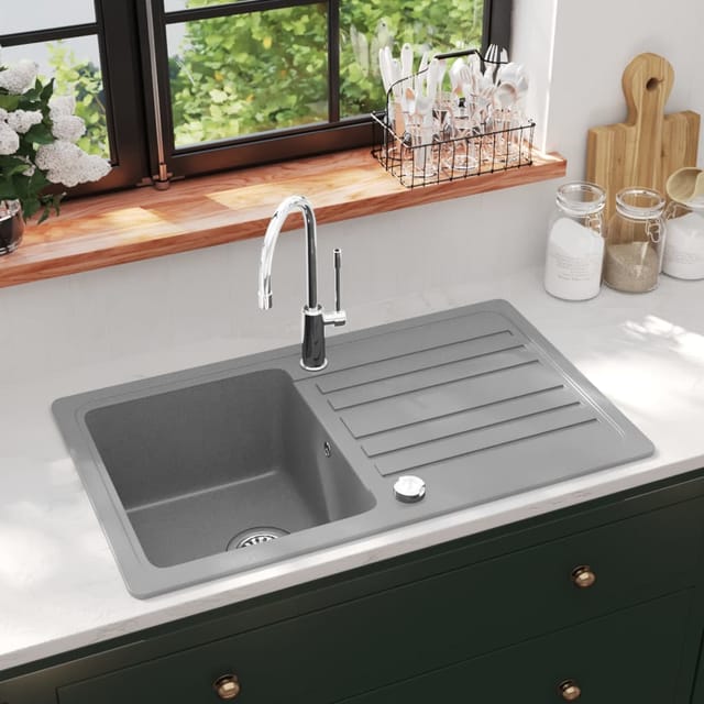 vidaXL Granitspüle mit Abtropffläche Reversibel Grau 141670