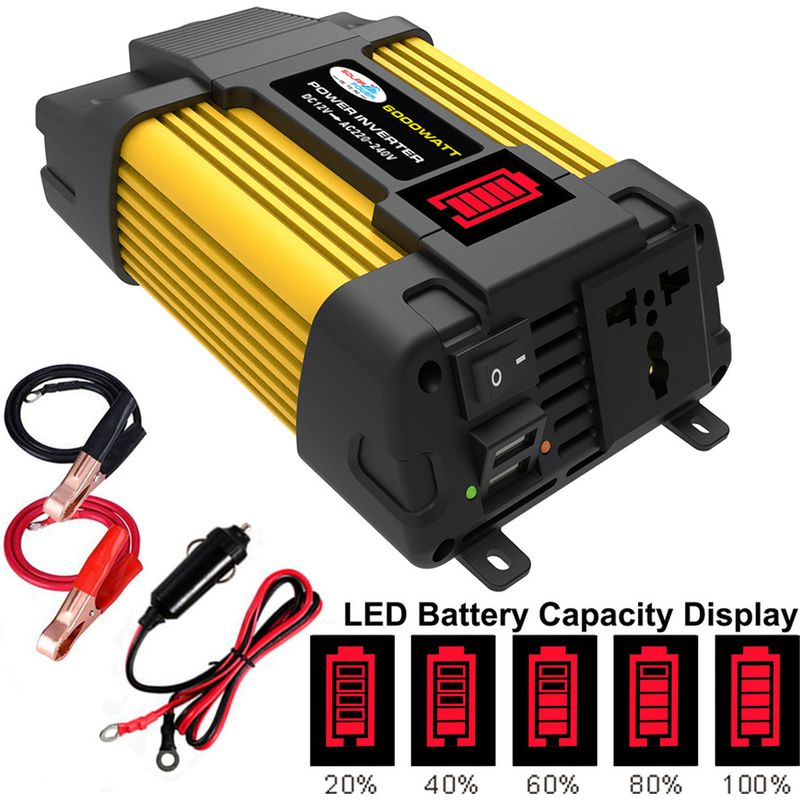 Vurahome - 12v Auf 220v Wechselrichter, 300w/4000w Konverter Mit Zigarettenanzünderstecker, 12v Auf 220v Transformator Mit 1 Französischen Stecker Und 2 Usb-anschlüssen
