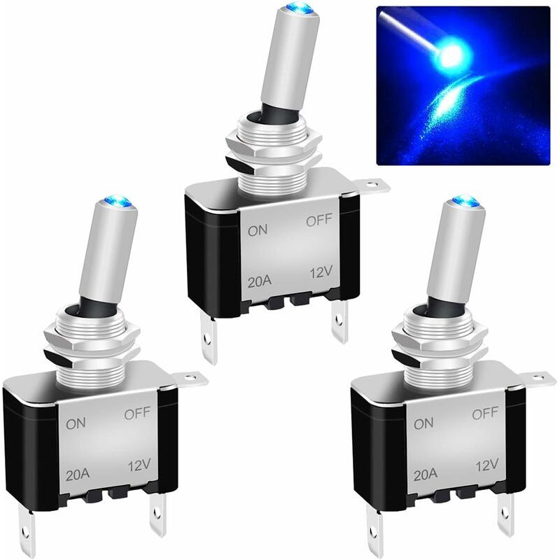 Vurahome – 3-teiliger Kfz-kippschalter 12 V 20 A Ein/aus 2 Positionen 3 Pins Spst Metall-wippschalter Mit Blauer Led-beleuchtung Für Boot, Auto, Lkw Asw-07dbu