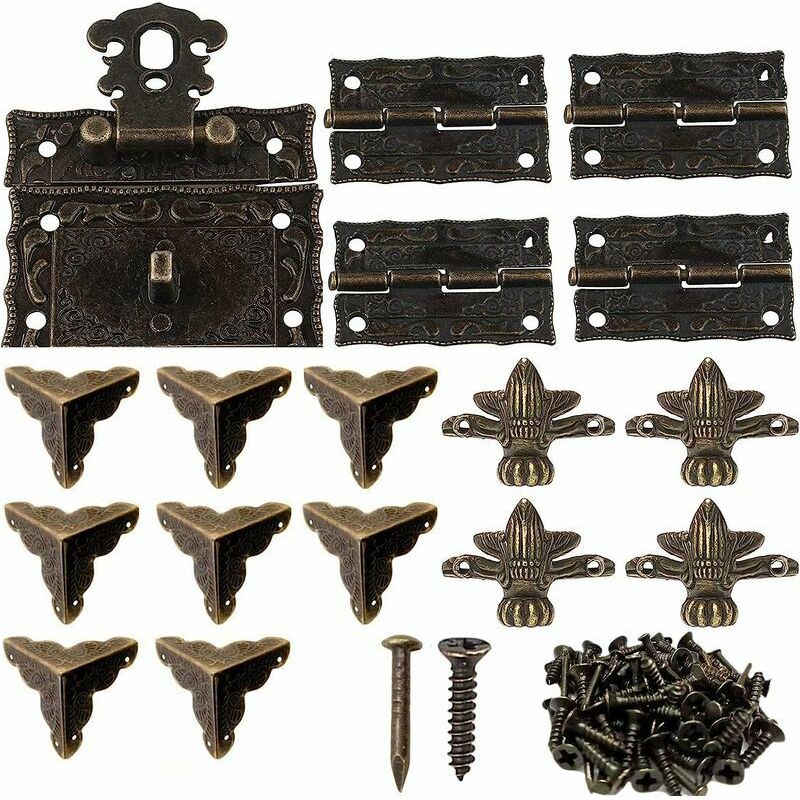Vurahome – 1 Antiker Dekorativer Schachtelverschluss, 8 Dekorative Eckenschützer, 4 Metallscharniere, 4 Dekorative Eckfüße Für Schmuckkästchen Aus Bronze Und Holz