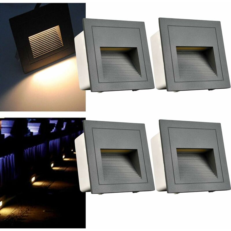 4er-set Led-wandeinbauleuchten, 3 W, Treppenstufen, Aluminium, 230 V, Warmweiß, Ip65 Wasserdicht, Einbaustrahler, Graues Gehäuse