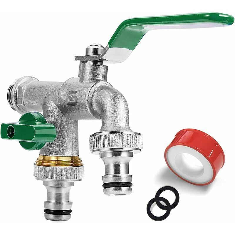 Vurahome – Gartenhahn, 1/2"-doppelhahn Aus Messing, Rost- Und Frostbeständig, Mit 2 X 3/4"-ausgängen, 1 X Dichtungsband, Doppelanschluss Und Schlauchdüse