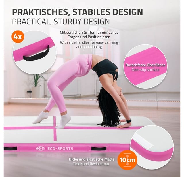 ECD Germany Aufblasbare Gymnastikmatte Airtrack 300x100x10 cm Rosa