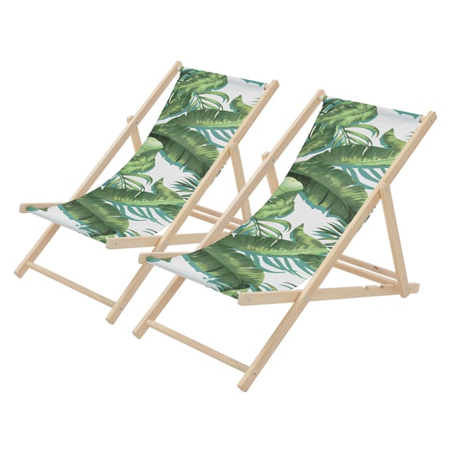 ECD Germany Liegestuhl 2Er Set Klappbar Tropical Grün-Weiß aus Holz