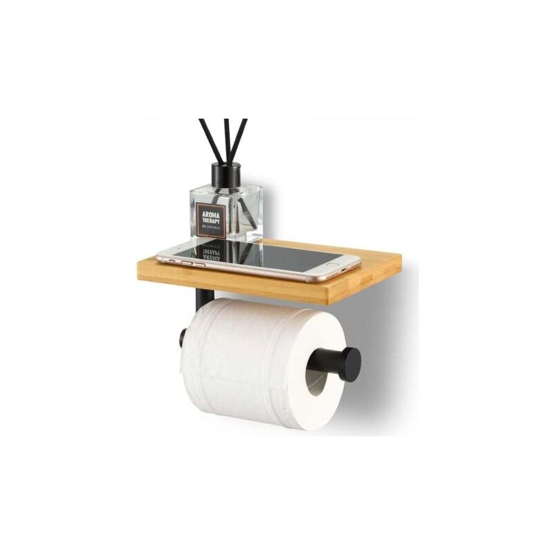 Wandmontierter Toilettenpapierhalter Aus Mattschwarzem Edelstahl Sus304 – Ablage Aus Natürlichem Bambus – Für Große Rollen