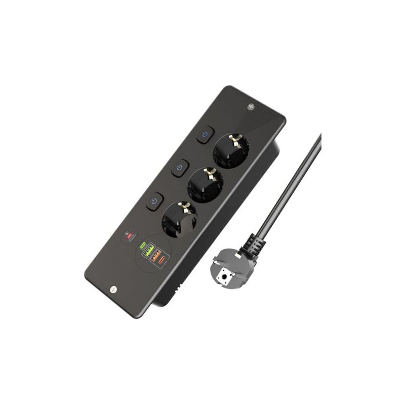 Vurahome – Einbau-steckdosenleiste Mit 3 Steckdosen, 2 Usb-a- Und 2 Usb-c-anschlüssen, Einbau-tischsteckdosenleiste Mit Einzelschalter Für Möbel Oder Arbeitsplatten, Schwarz