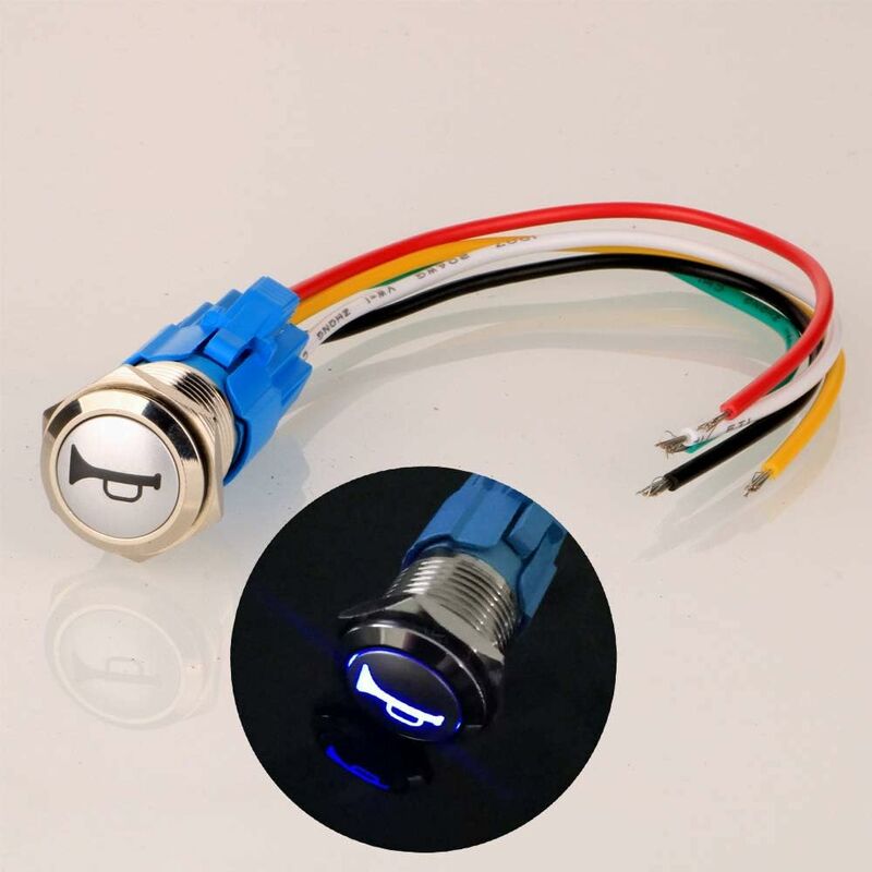 12v-24v/5a 16mm Vorverdrahteter Momentaner Hupendruckknopf Wasserdichter Metalldruckknopf Mit Blauer Led