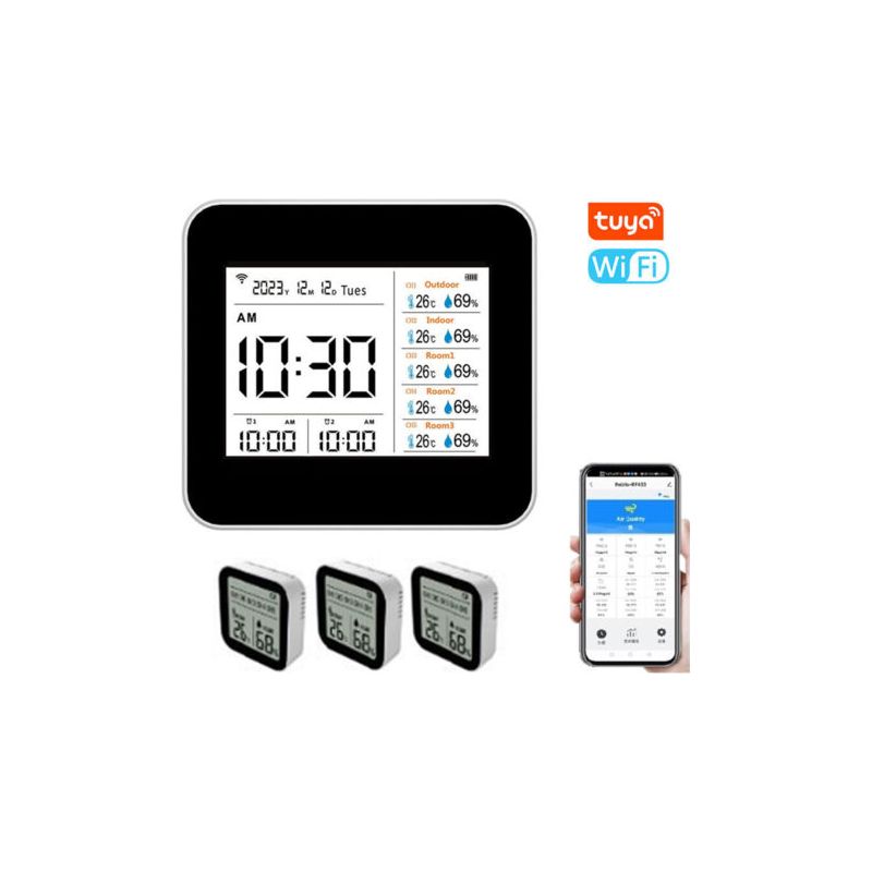 Vurahome – Tuya 13-in-1 Smart Wifi Thermometer Hygrometer, Präziser Temperatur- Und Feuchtigkeitsmonitor Für Innenräume, Anzeige Von Uhrzeit, Kalender Und Wecker, Unterstützt Fernsteuerung Per App, Fü