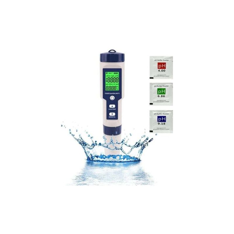 5-in-1 Wasserqualitätstester: Ph-wert, Tds, Ec-wert, Salzgehalt, Temperatur Für Schwimmbäder, Aquarien Und Hydrokulturen