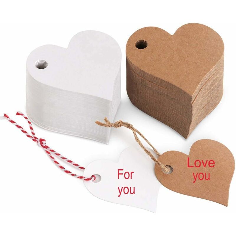 Vurahome – Kraft-herzanhänger, 200 Stück Geschenkanhänger, Kraftpapierkarte, Geschenkanhänger Mit 20 M Schnur, Ideal Für Gastgeschenke, Weihnachten, Hochzeiten, Geburtstage, Taufen, Weiß & Braun