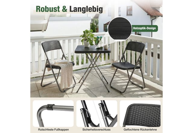 Sekey Balkonmöbel Set 3-teilig Klappbar Bistroset Rattan Optik mit Klapptisch und 2 Stühlen