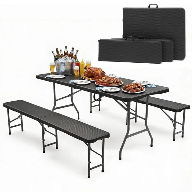 Sekey Bierzeltgarnitur 180 cm Klappbar Set mit 2 Bierbänken und 1 Tisch Schwarz Rattanoptik