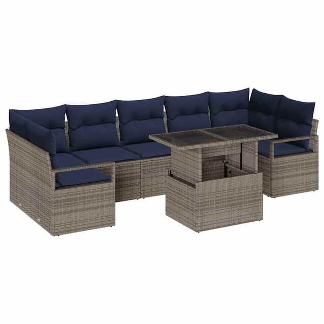 vidaXL Garten-Sofa-Set 8-Tlg Grau und Marineblau Poly-Rattan 3348781