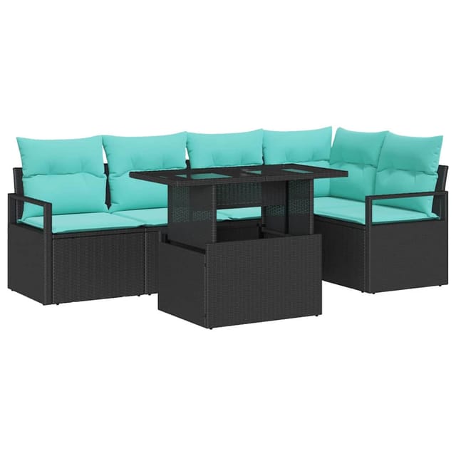 vidaXL Garten-Sofa-Set mit Kissen 6-Tlg Schwarz und Blau Poly-Rattan 3348832