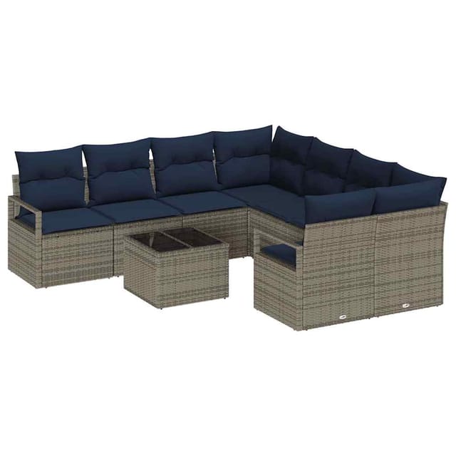 vidaXL Sofa Set mit Kissen 9-Tlg Grau und Marineblau Poly Rattan 3346325