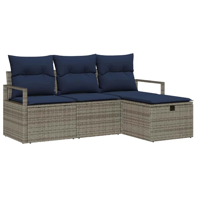 vidaXL Sofa Set mit Kissen 4-Tlg Grau und Marineblau Poly-Rattan 3359154