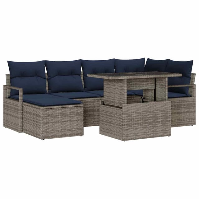vidaXL Gartensofa-Set 7-Tlg Grau und Marineblau Poly Rattan 3348861