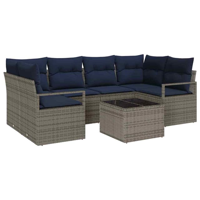 vidaXL Sofa Set mit Kissen 7-Tlg Grau und Blau Poly Rattan 3346285