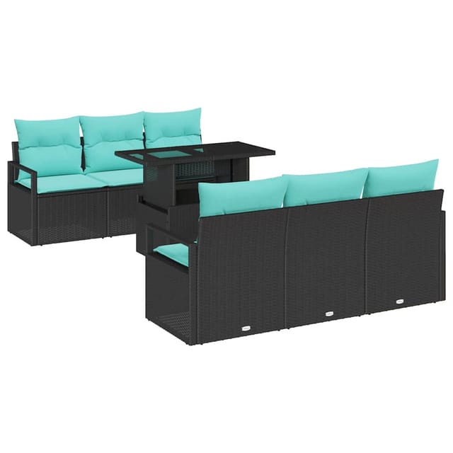 vidaXL Gartensofa-Set mit Speicher 7-Tlg Schwarz und Blau Poly-Rattan 3348752