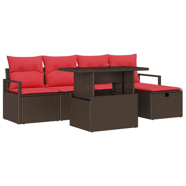 vidaXL Garten-Sofa-Set mit Kissen mit Speicher 6-Tlg Braun Poly Rattan 3359791