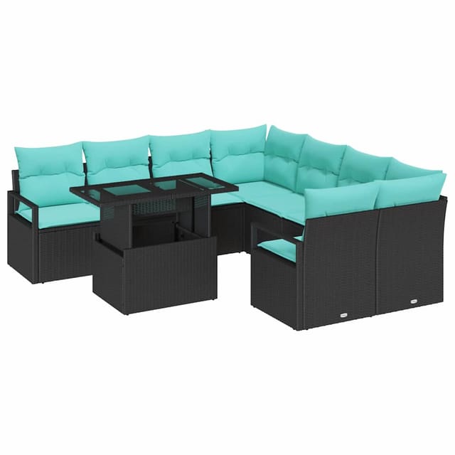 vidaXL Gartensofa-Set mit Speicher 9-Tlg Schwarz und Blau Poly-Rattan 3348802