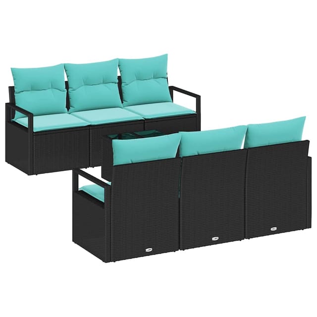 vidaXL Sofa Set mit Kissen 7-Tlg Schwarz und Türkis Poly Rattan 3346276
