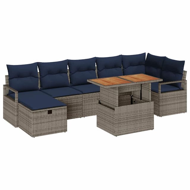 vidaXL Gartensofa-Set mit Kissen mit Speicher 8-Tlg Grau Poly-Rattan 3360007