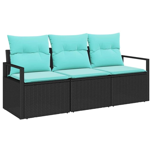 vidaXL Sofa Set mit Kissen 3-Tlg Schwarz Poly Rattan 3346246