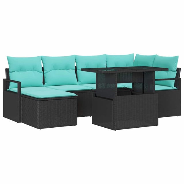 vidaXL Gartensofa-Set mit Speicher 7-Tlg Schwarz und Blau Poly Rattan 3348862