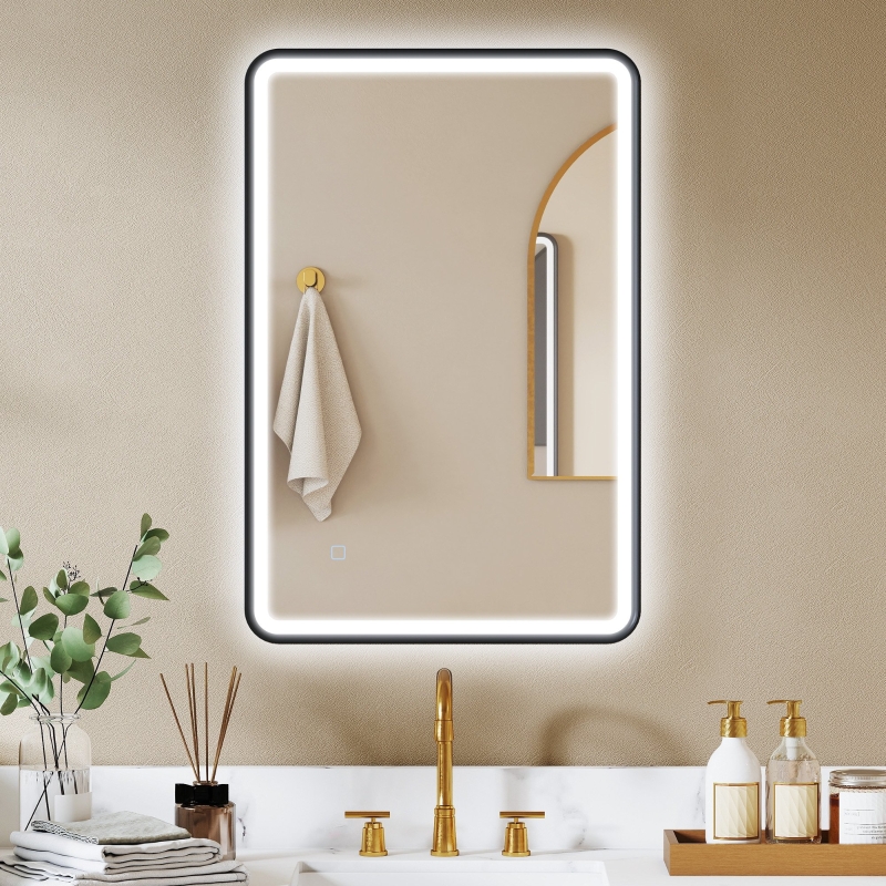 Led-badspiegel 90 × 60 Cm, 3 Farben, Dimmbar, Memory-funktion, Horizontal & Vertikal, Schwarz