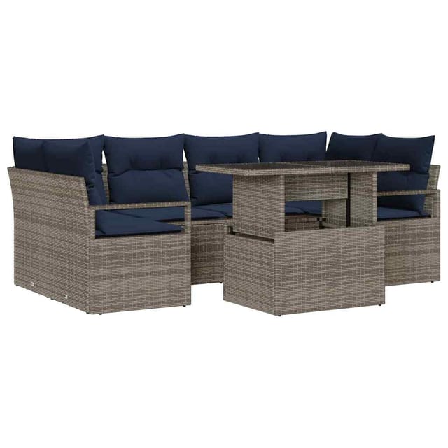 vidaXL Garten-Sofa-Set 7-Tlg Grau und Marineblau Poly-Rattan 3348761
