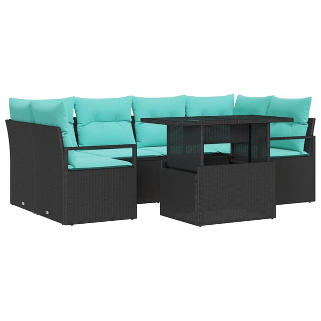 vidaXL Garten-Sofa-Set mit Kissen 7-Tlg Schwarz und Blau Poly-Rattan 3348762
