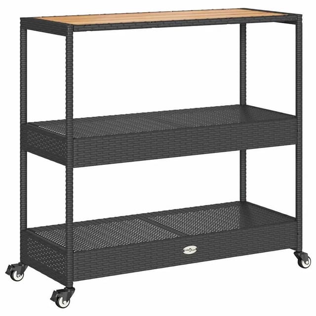 vidaXL Barwagen 3 Böden Schwarz Poly Rattan und Massivholz Akazie 368723
