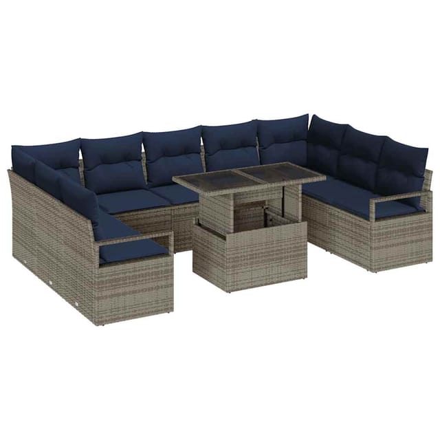 vidaXL Gartensofa-Set 10-Tlg Grau und Marineblau Poly Rattan 3348891